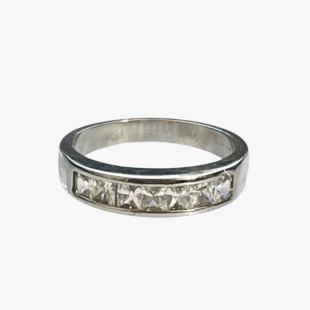 Channel Set Square Clear Simulated Stone Ring Size 8.75 Silver Tone Tapered Band